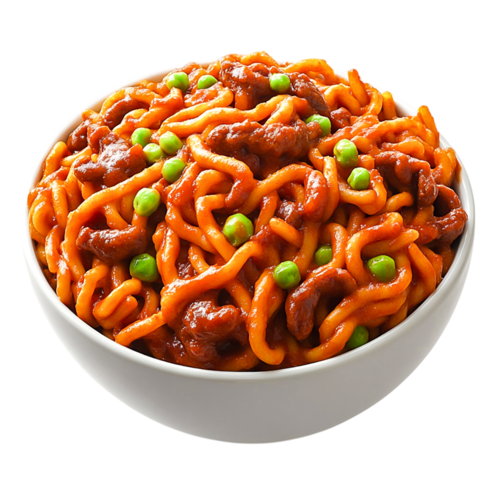 Delicious Bowl of Noodles with Peas and Savory Meat Sauce png