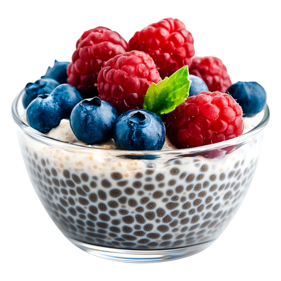 Fresh Berries with Chia Seed Pudding in Glass Bowl png