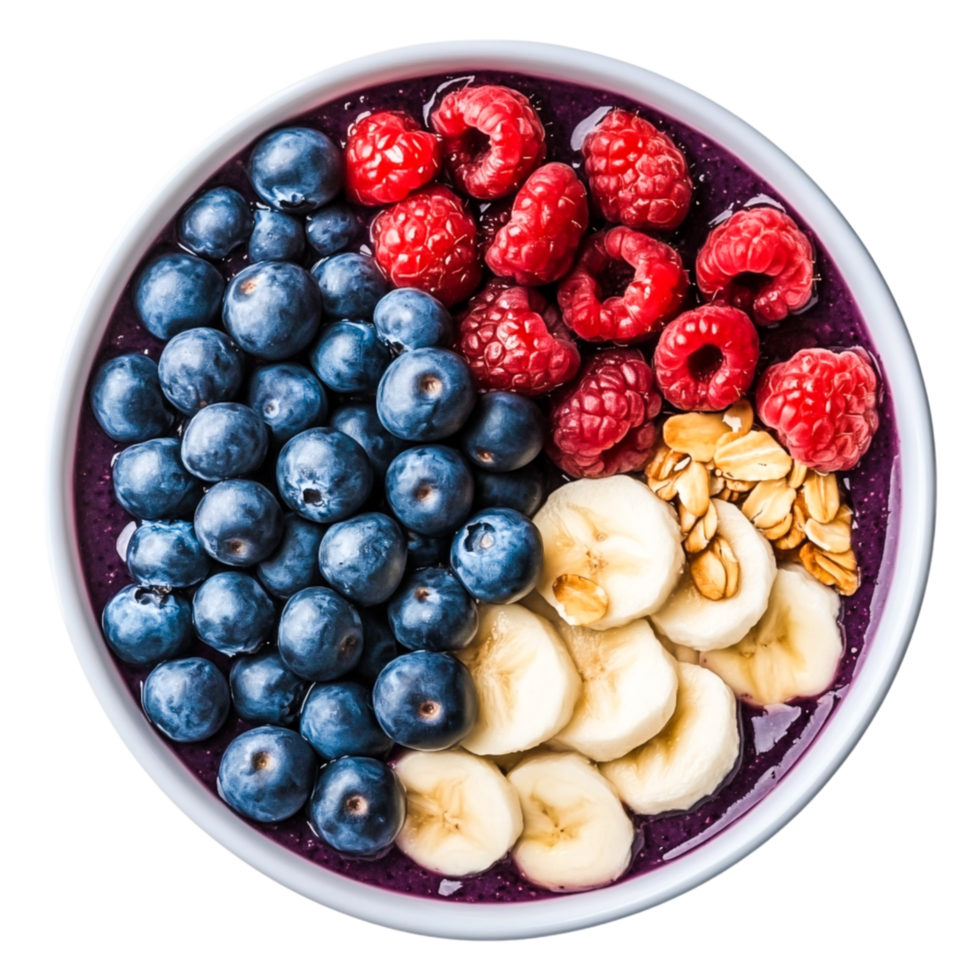 Fresh Fruit Bowl with Blueberries, Bananas, Raspberries, and Granola png