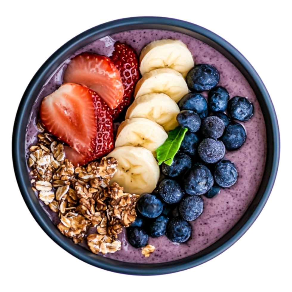 Colorful Acai Bowl with Fresh Fruits and Granola in Black Bowl png