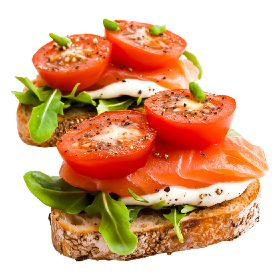 Fresh Bread Slices Topped with Salmon, Tomatoes, and Greens png