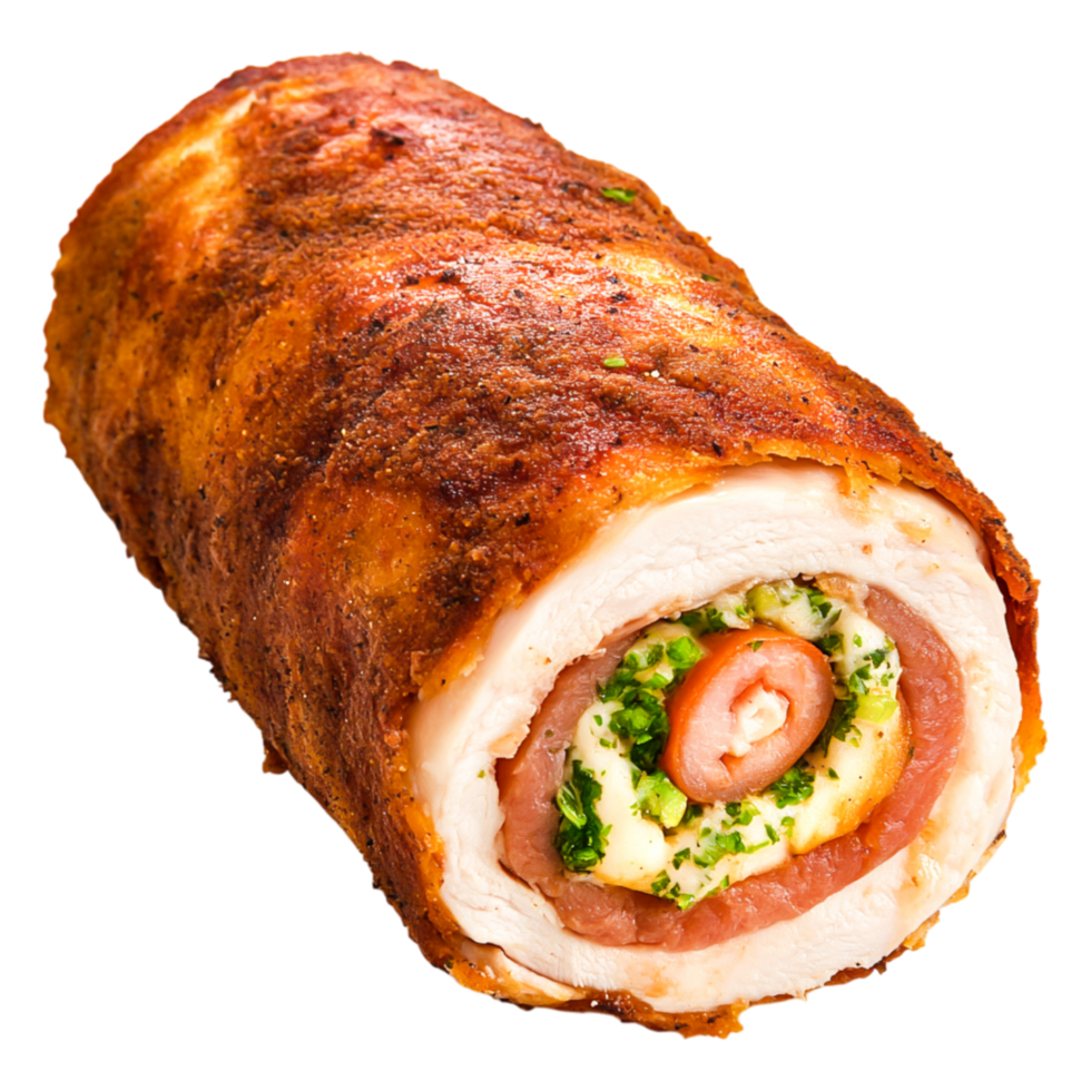Delicious Rolled Chicken with Ham and Herbs in Golden Crust png
