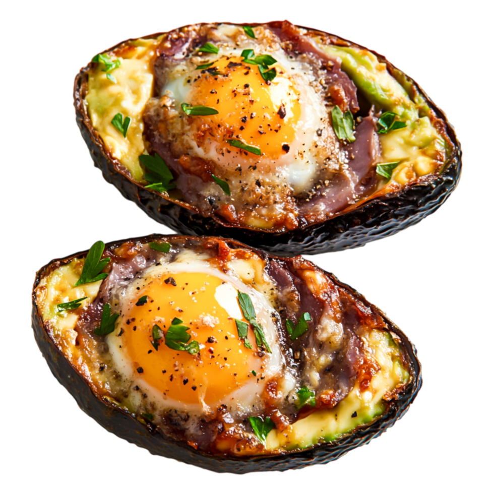 Baked Avocado with Egg, Bacon, and Cheese Topping for Breakfast png