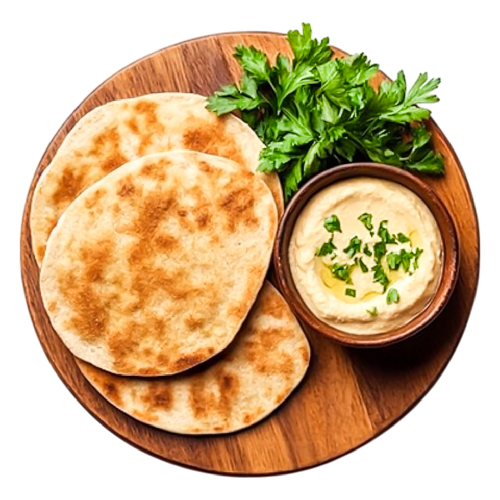 Freshly Baked Flatbreads with Hummus and Fresh Herbs Plate png
