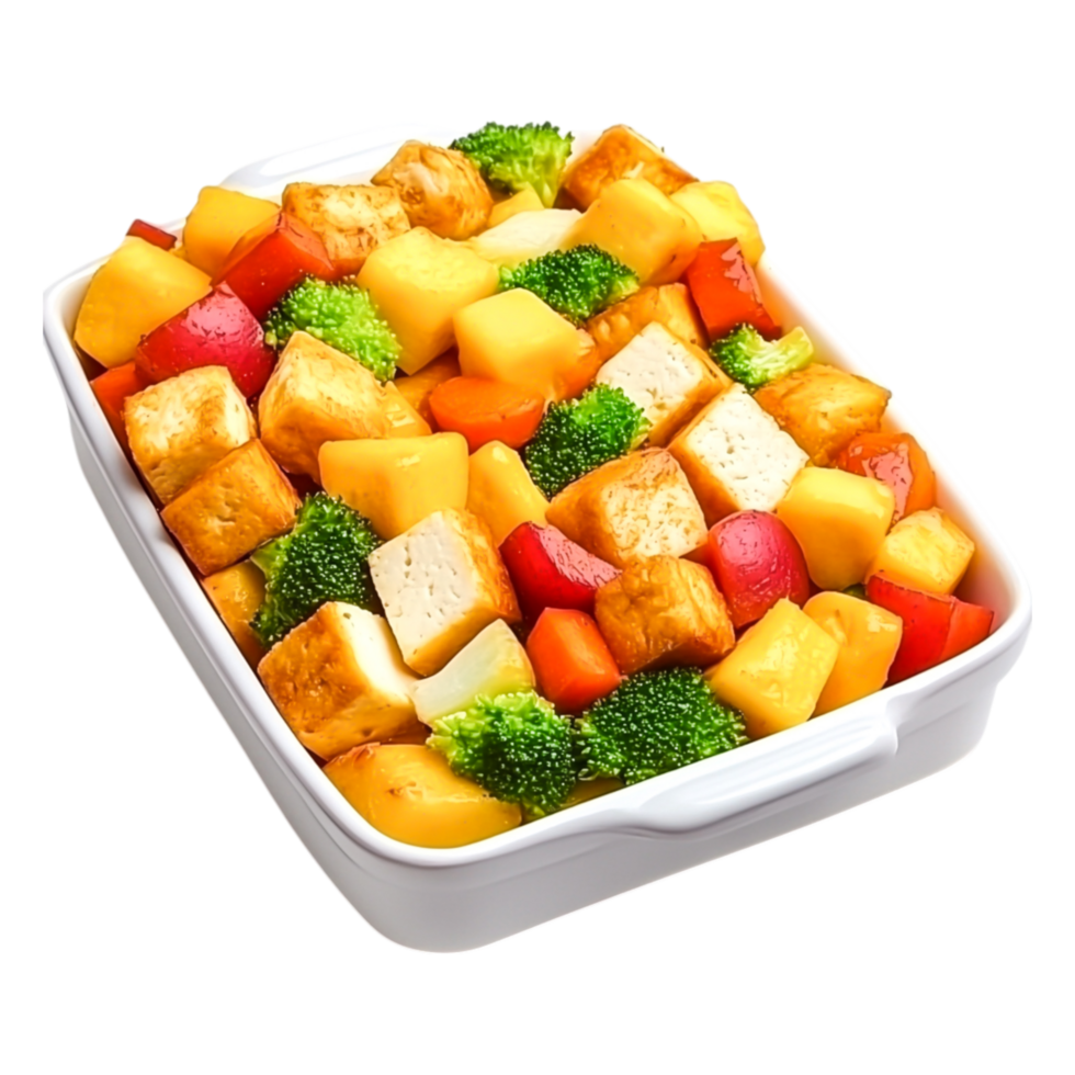 Colorful Vegetable and Tofu Stir-Fry in a White Serving Dish png