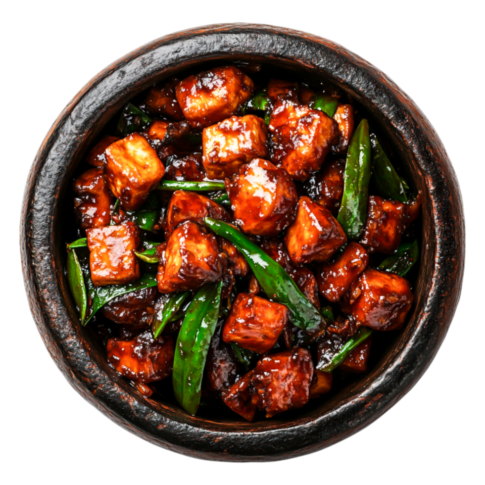Savory Stir-Fried Tofu with Green Peppers in Rustic Bowl png
