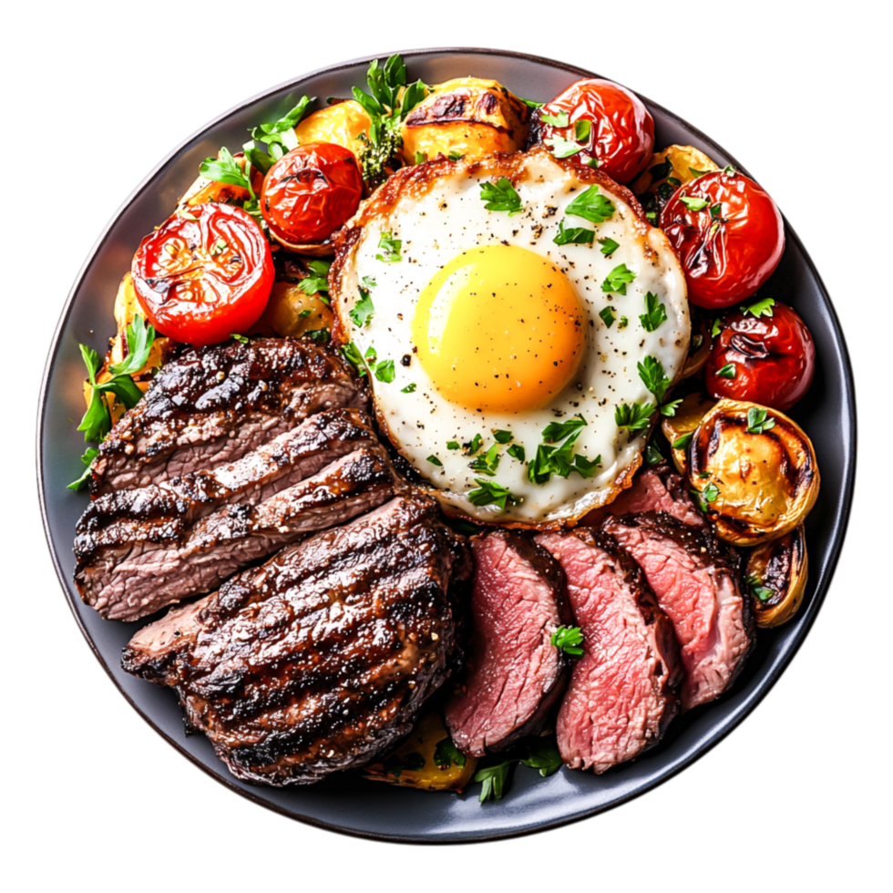 Grilled Steak with Fried Egg and Colorful Vegetables on Plate png