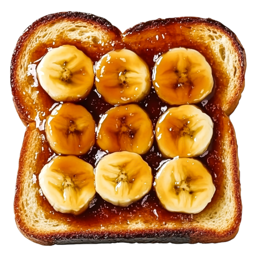 Toast with Sliced Bananas and Sweet Syrup Drizzle for Breakfast png