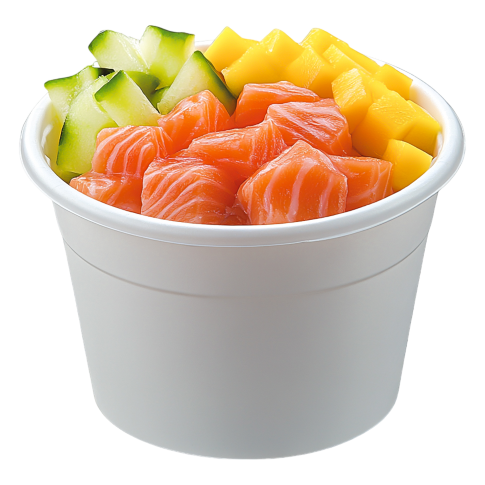 Fresh Salmon Sashimi with Mango and Cucumber in Takeout Container png