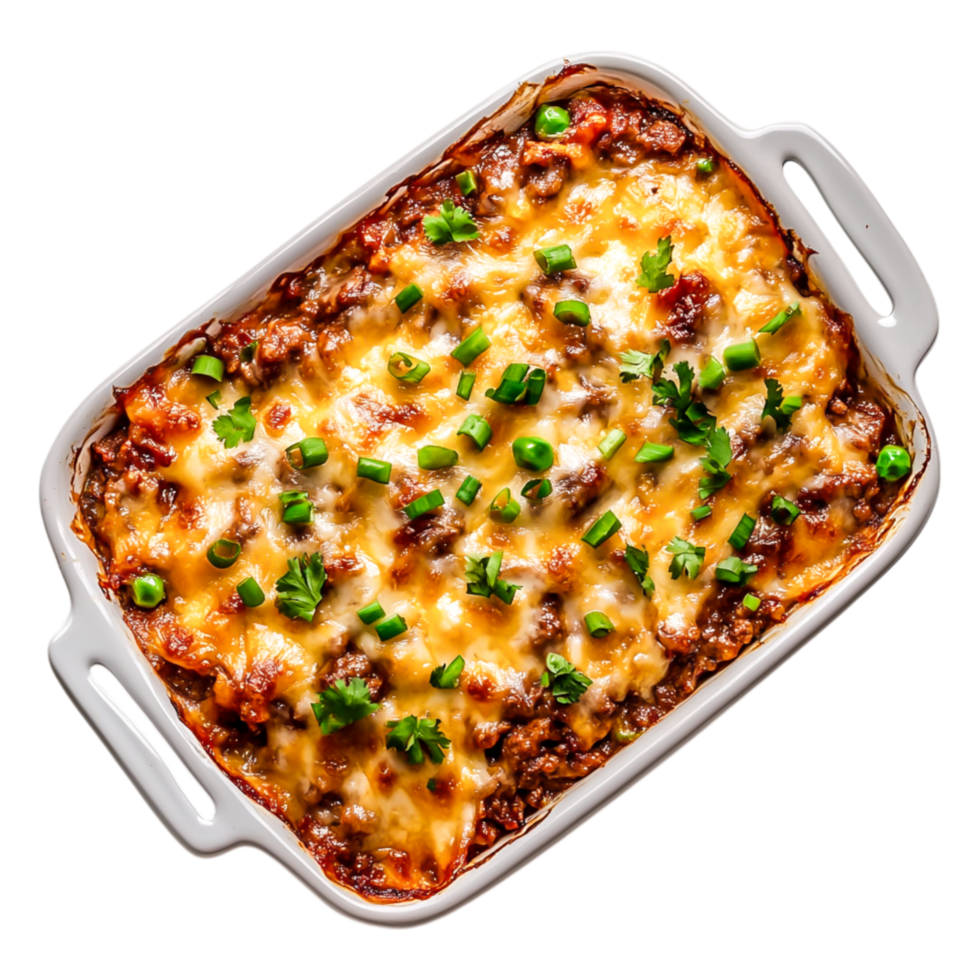 Delicious Homemade Casserole with Melted Cheese and Fresh Herbs png