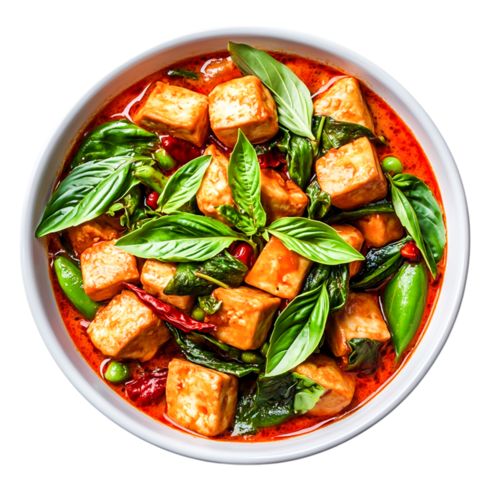 Flavorful Thai Curry with Tofu and Fresh Basil in a White Bowl png