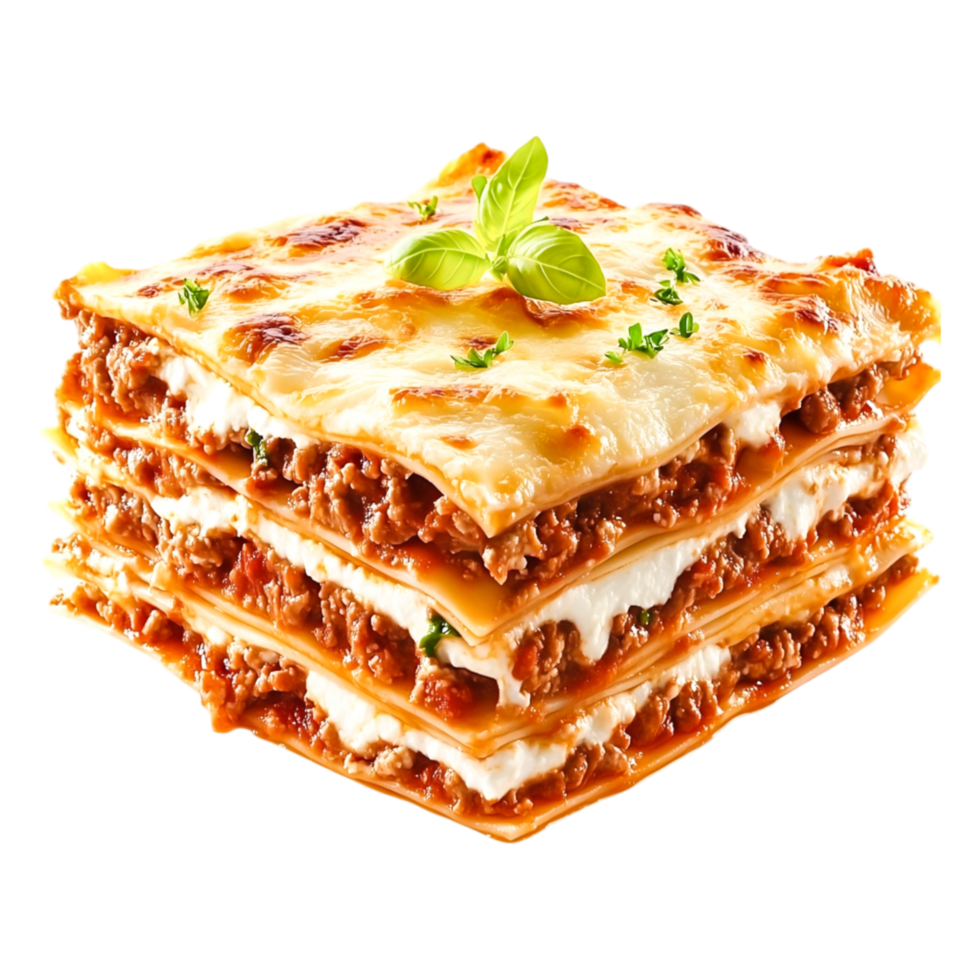 Delicious Layers of Homemade Lasagna with Fresh Herbs Garnish png