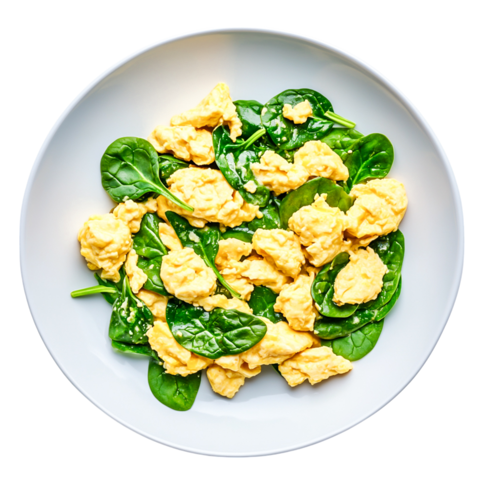 Healthy Scrambled Eggs with Fresh Spinach White Plate png