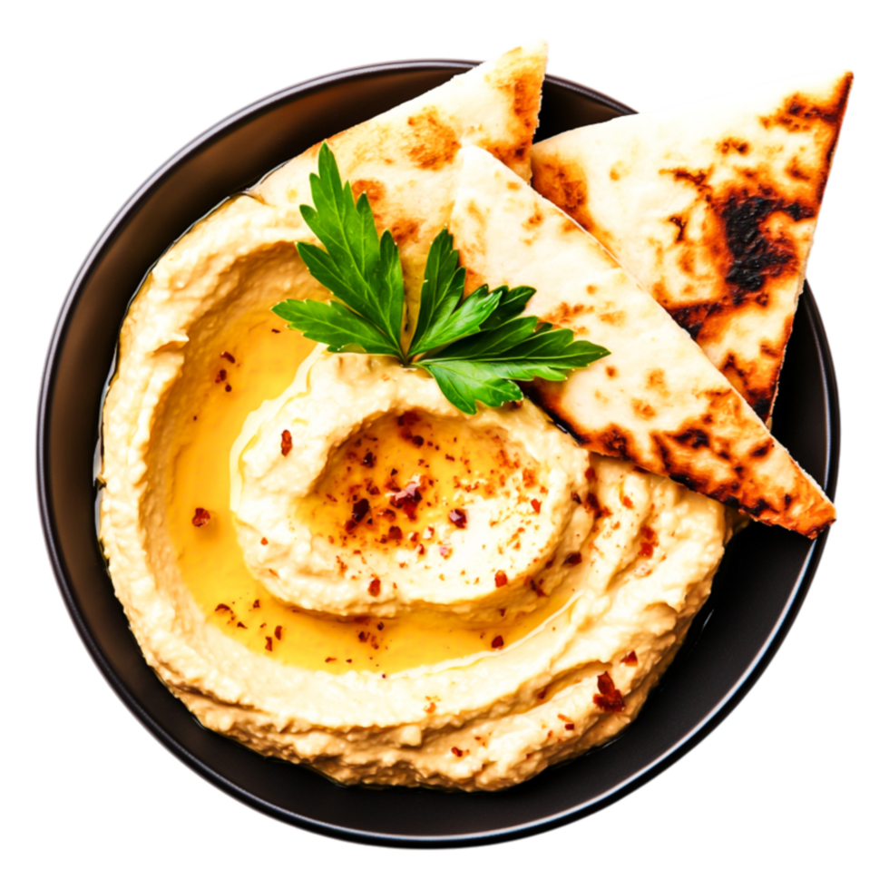 Creamy Hummus with Olive Oil and Grilled Pita Bread Garnish png