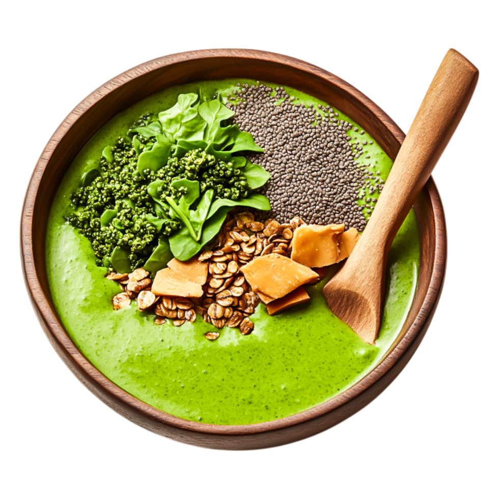 Green Smoothie Bowl with Toppings in Wooden Bowl for Healthy Eating png
