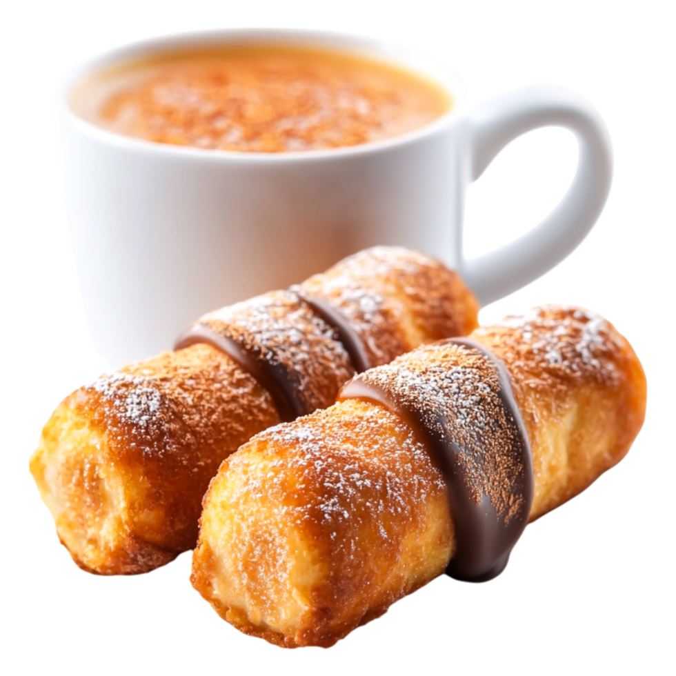 Delicious Pastry Rolls with Chocolate and Hot Coffee in Background png