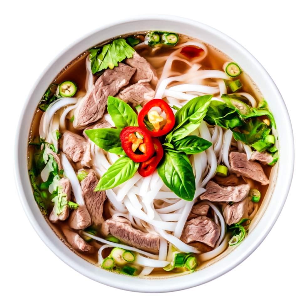 Delicious bowl of pho with fresh herbs and sliced beef on top png