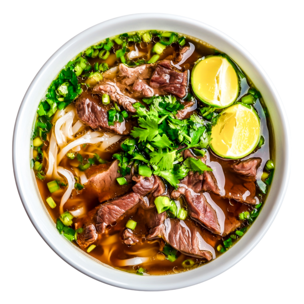 Delicious Vietnamese Pho with Fresh Herbs and Lime Slices png