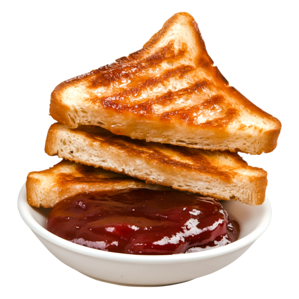 Toasted Bread Slices with Sweet Red Jelly on White Plate png