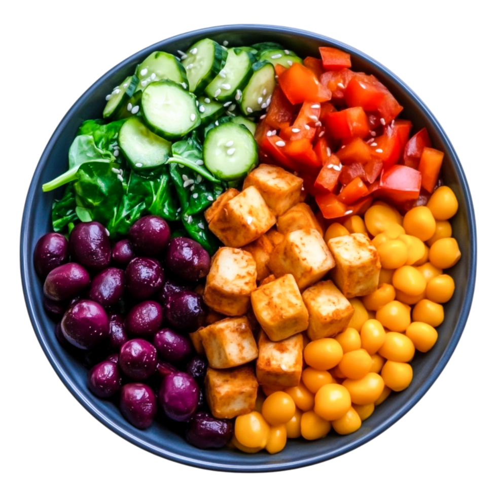 Colorful Healthy Salad Bowl with Fresh Ingredients and Tofu Cubes png