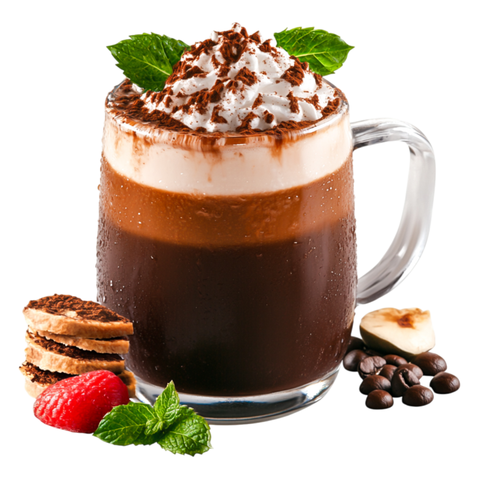 Rich Chocolate Layered Drink with Whipped Cream and Fresh Berries Delight png