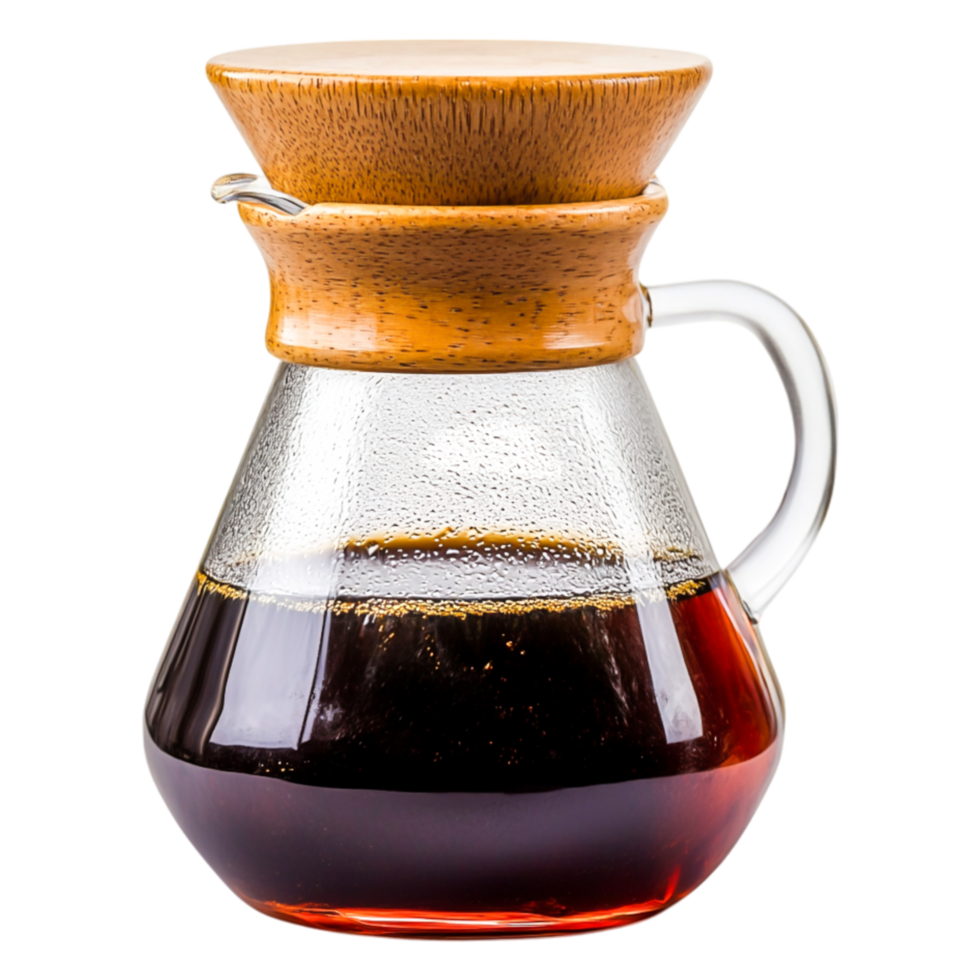 Elegant glass coffee carafe with wooden filter and fresh brewed coffee png