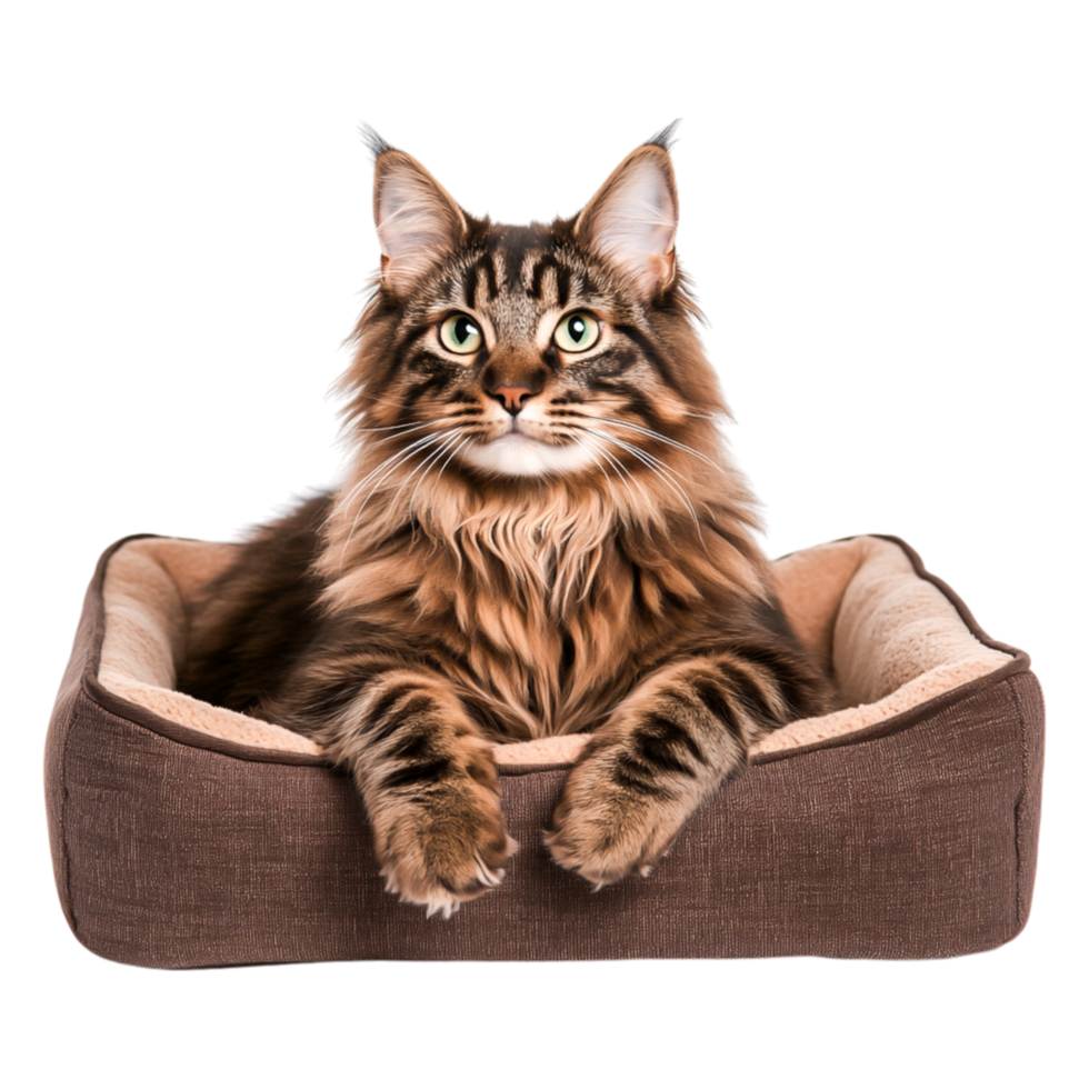 Cute Maine Cat Sitting Comfortably in Plush Pet Bed at Home png