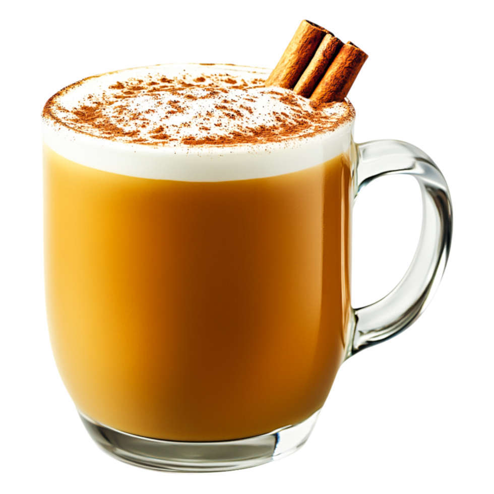 Creamy Pumpkin Spice Drink with Cinnamon Sticks in Glass Mug png