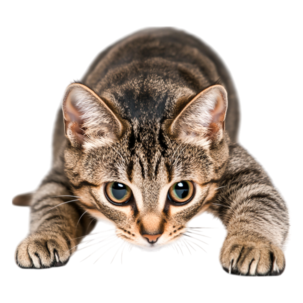Playful Gray Tabby Cat with Alert Expression Ready to Pounce png
