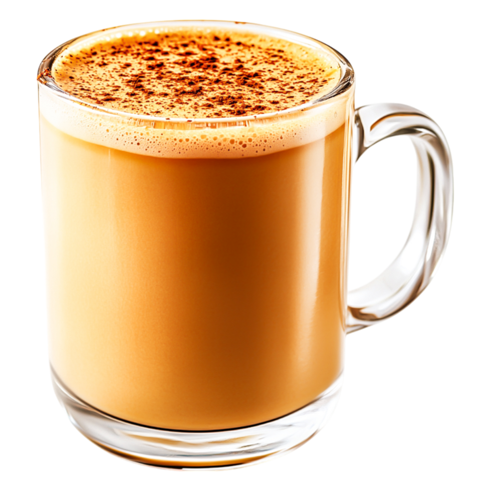 Creamy Coffee Drink with Cinnamon Dust on Surface in Clear Glass Mug png