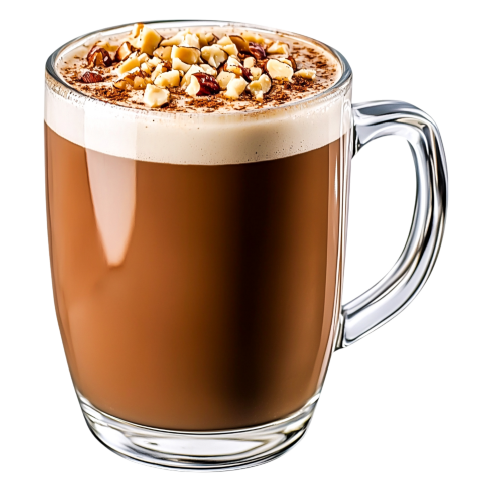 Delicious Hot Coffee with Cream and Nuts in a Clear Glass Mug png
