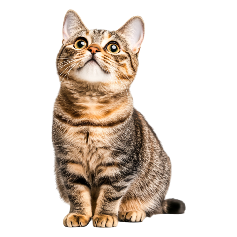 Curious Tabby Cat Looking Up with Bright Eyes and Soft Fur Texture png