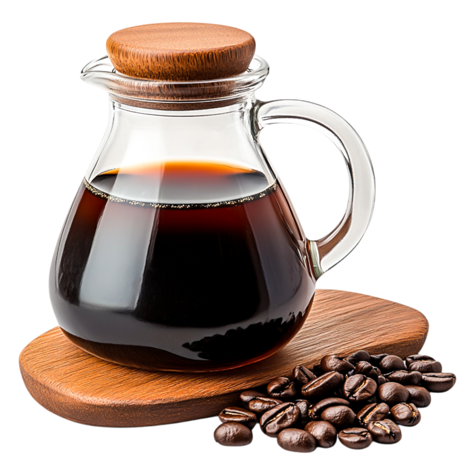 Fresh Brewed Coffee in Stylish Glass Pitcher with Wooden Lid and Beans png