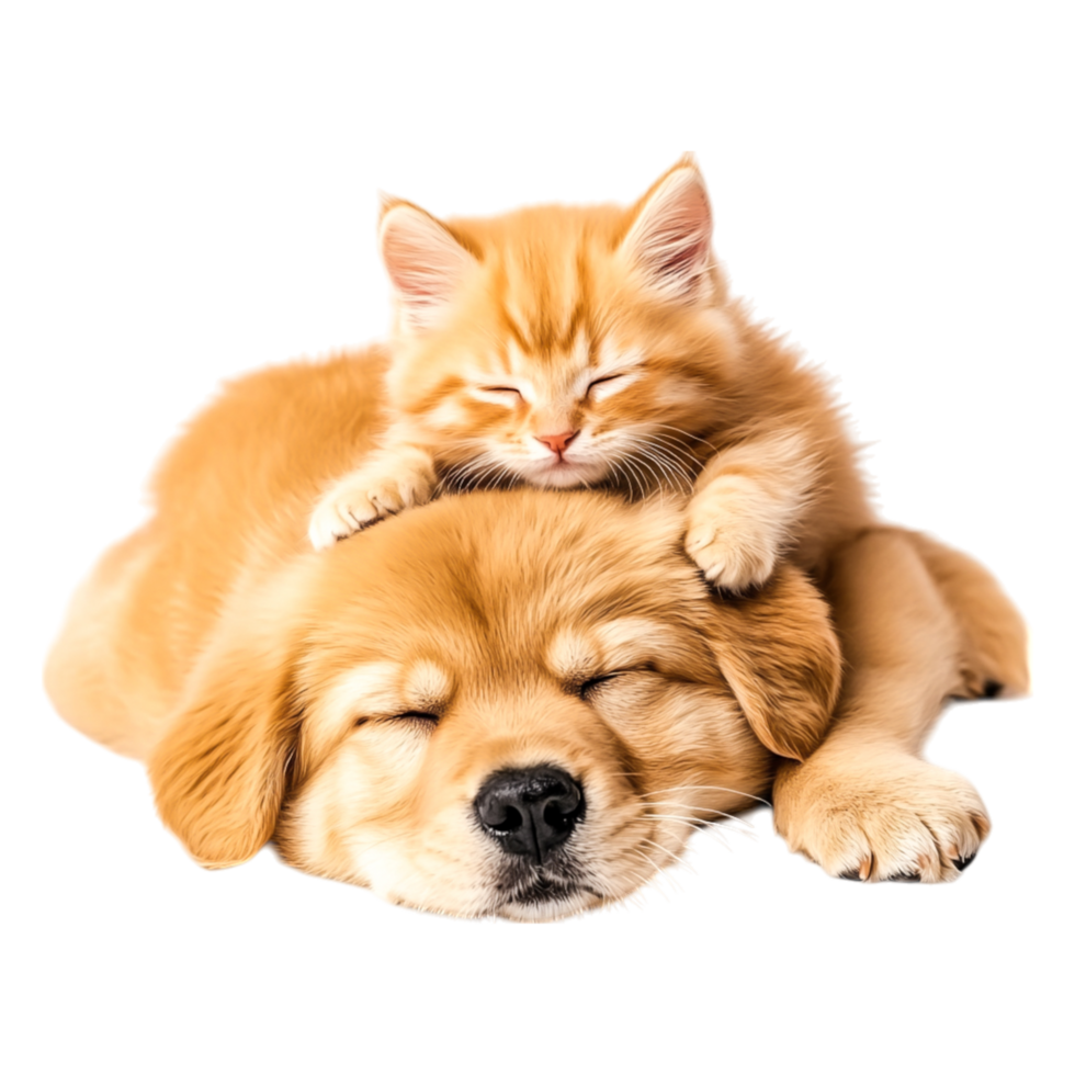 Cute Golden Retriever Puppy Sleeping with Adorable Orange Kitten on Top png