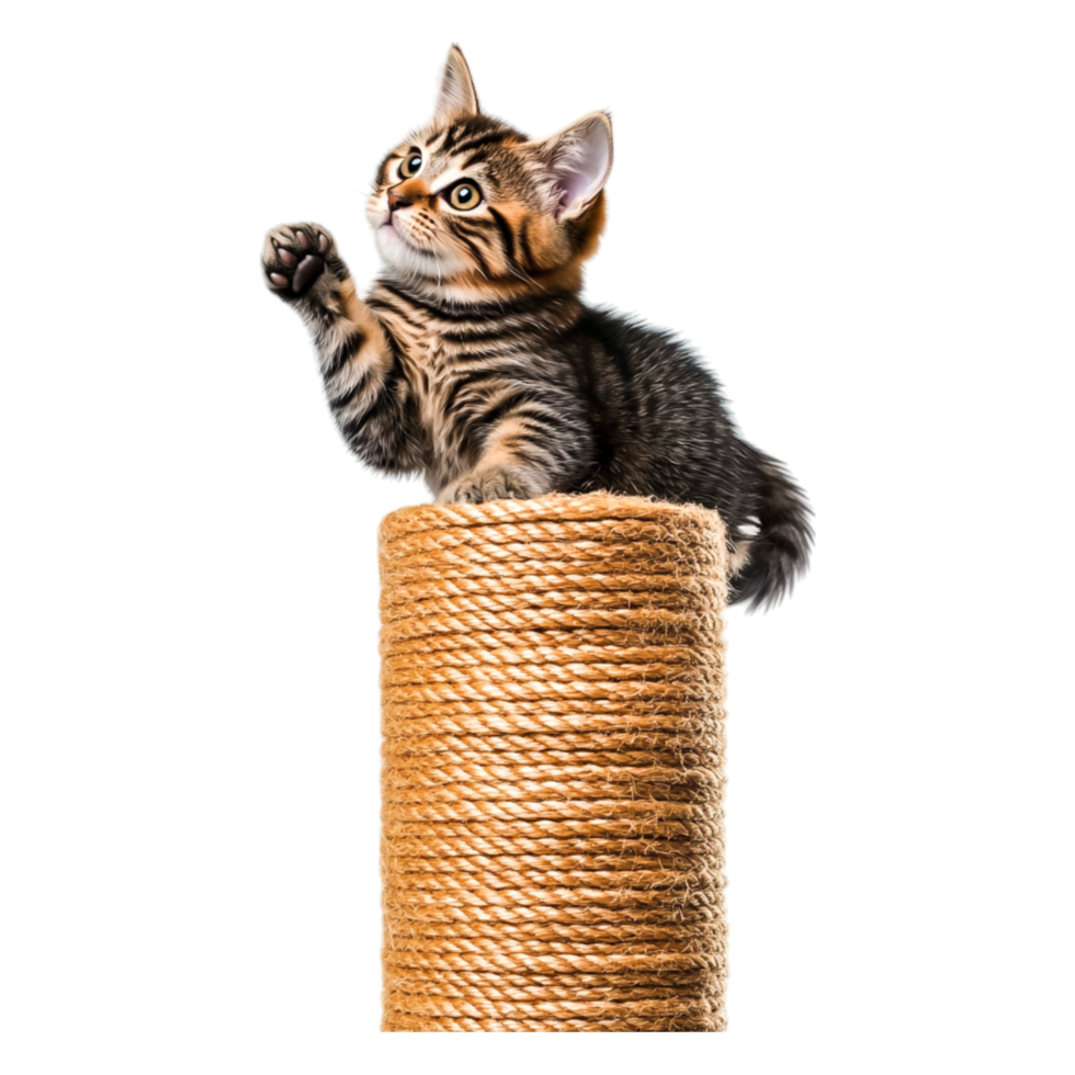 Playful tabby kitten reaching paws tall scratching post indoors png