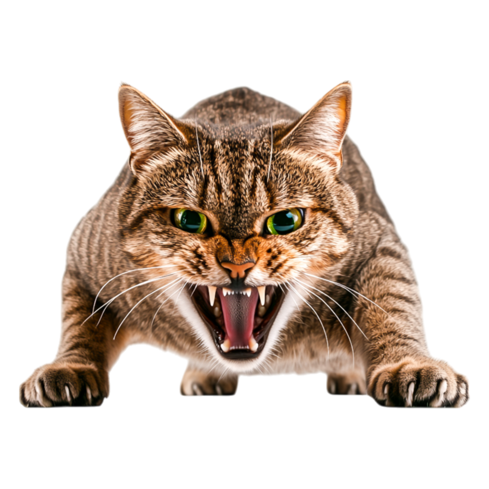 Fierce Domestic Cat Showing Teeth in Aggressive Stance with Intense Expression png