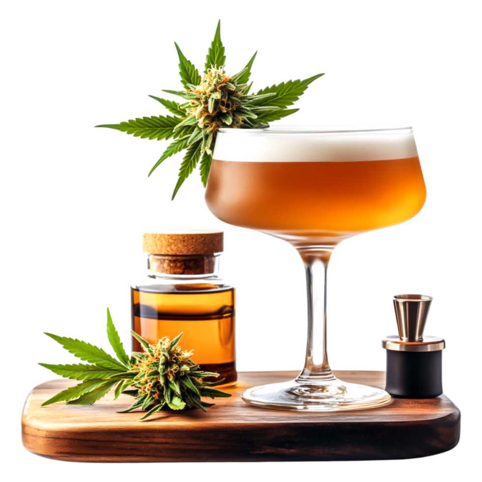 Elegant cocktail served with cannabis leaves and infused oil on wooden tray png