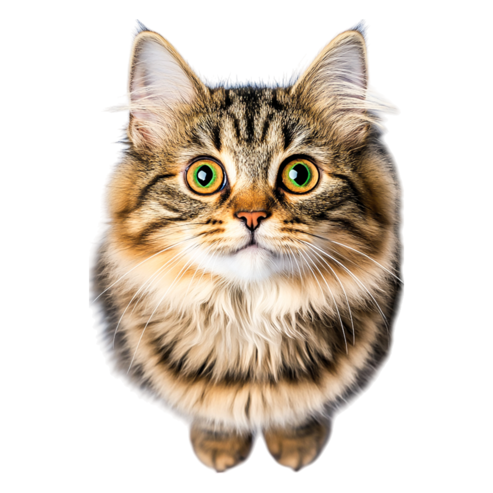 Cute Fluffy Cat with Striking Green Eyes Looking Up in Bright Light png