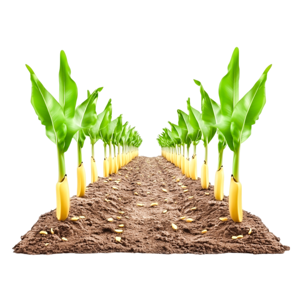 Rows of Fresh Banana Plants Growing in Fertile Earth with Clear Pathway png