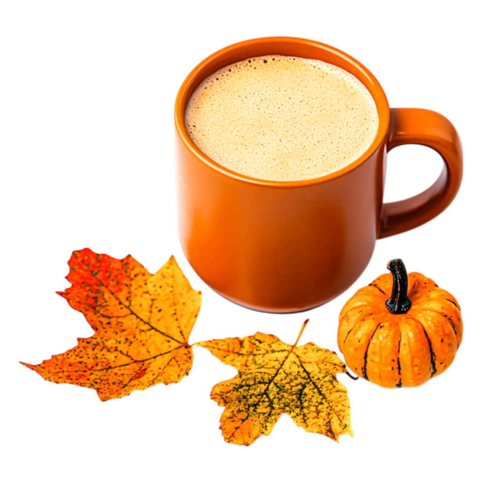 Cozy Autumn Coffee Cup Surrounded by Colorful Leaves and Pumpkin png