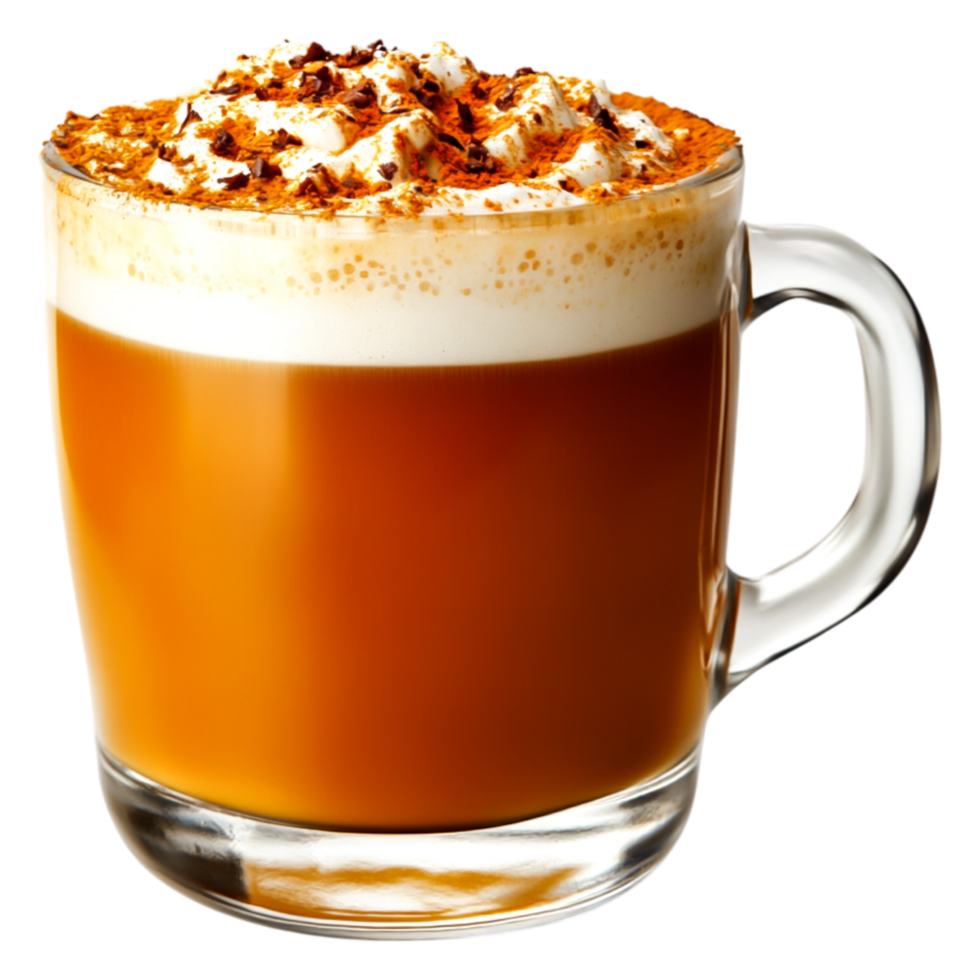 Delicious Creamy Hot Beverage with Cinnamon Sprinkle in Glass Mug png
