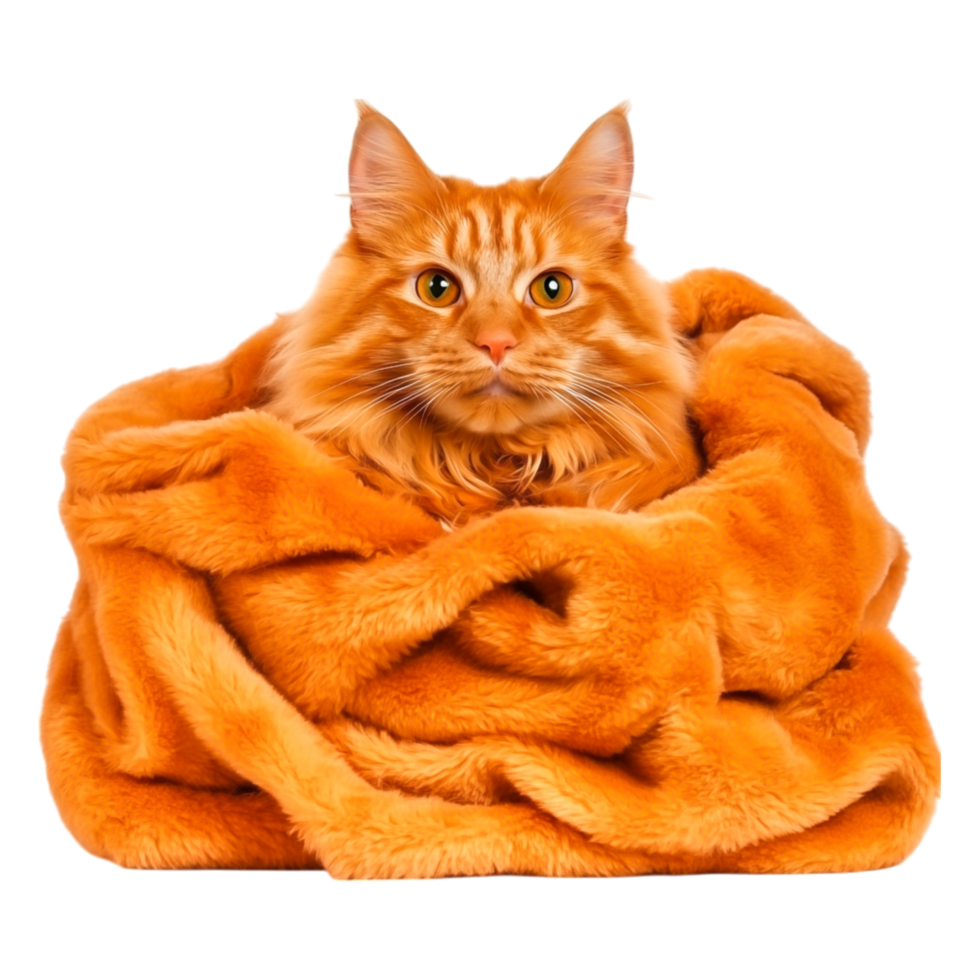 Majestic Ginger Cat Surrounded by Plush Orange Blanket in Soft Lighting png