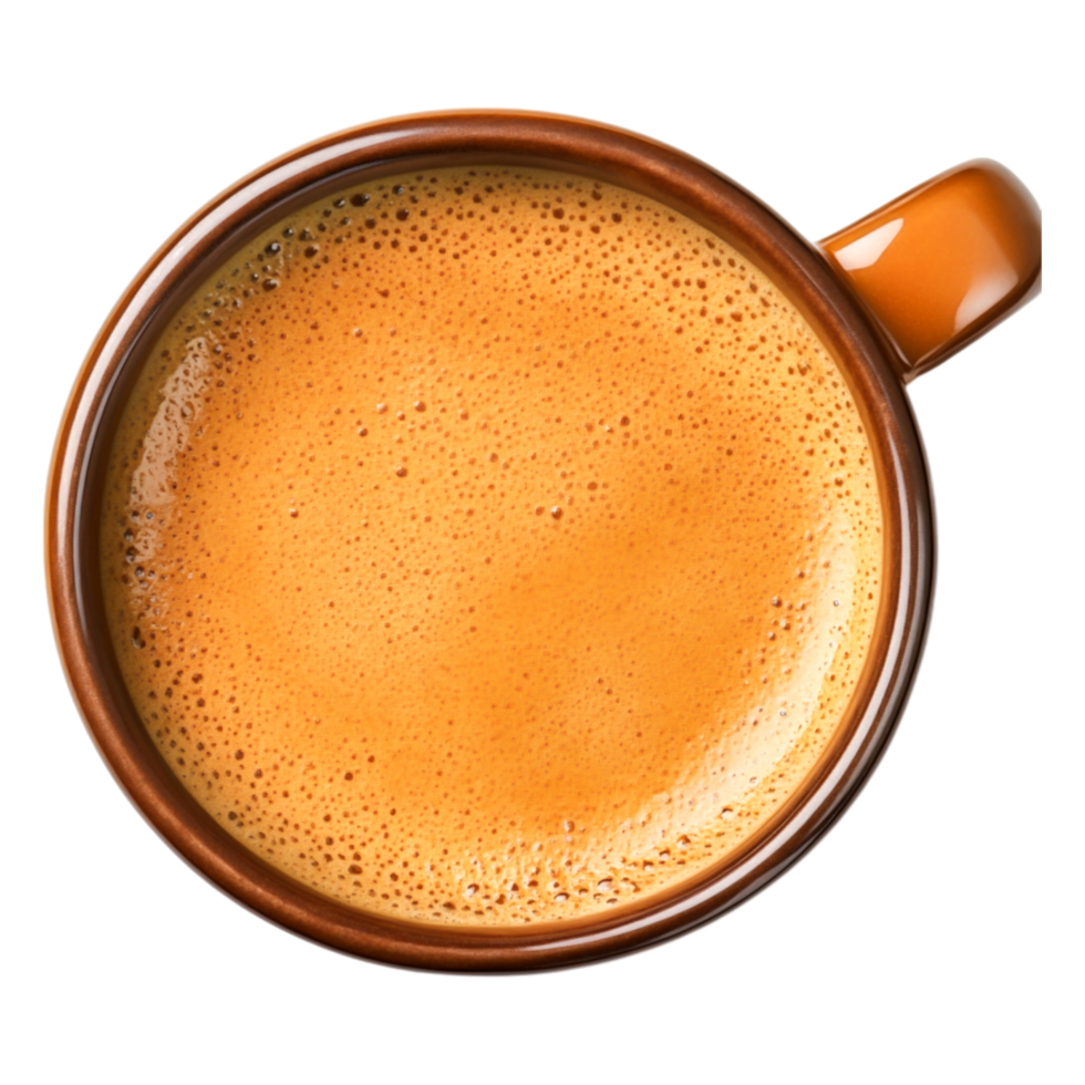 Top View of Freshly Brewed Coffee in Brown Mug with Creamy Foam Surface png