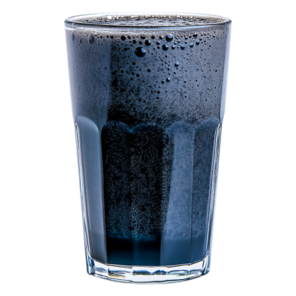 Glossy Black Drink in a Clear Glass with Bubbles and Foamy Texture png