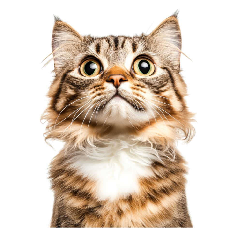 Curious Cat with Striking Eyes and Fluffy Fur Looking Upward png