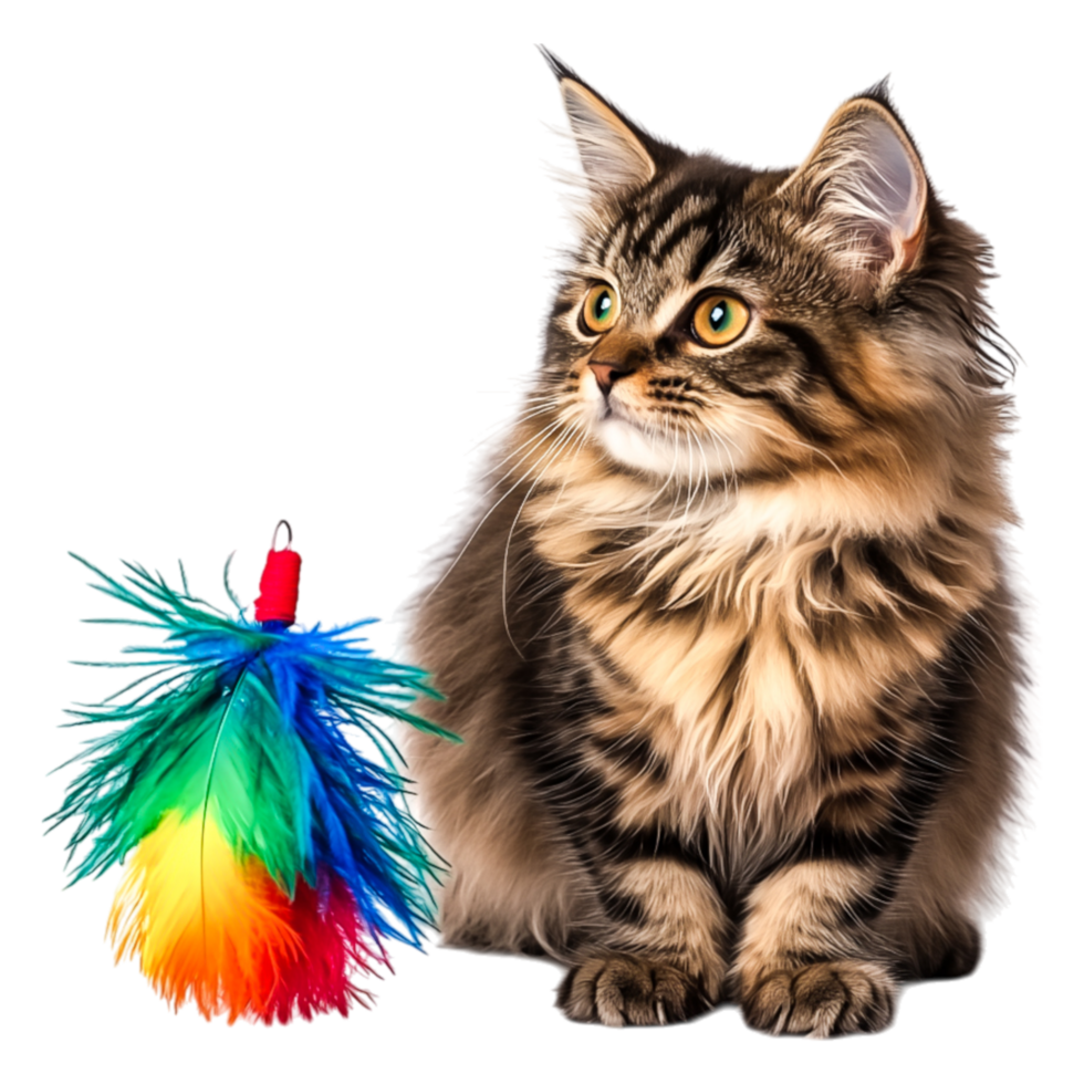 Cute tabby cat with colorful feather toy sitting gracefully indoors png