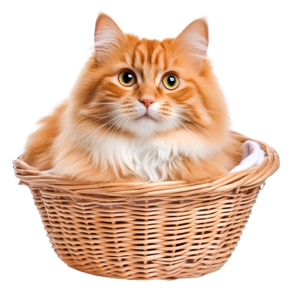 Fluffy Orange Cat With Green Eyes Peeking Out From a Woven Basket png