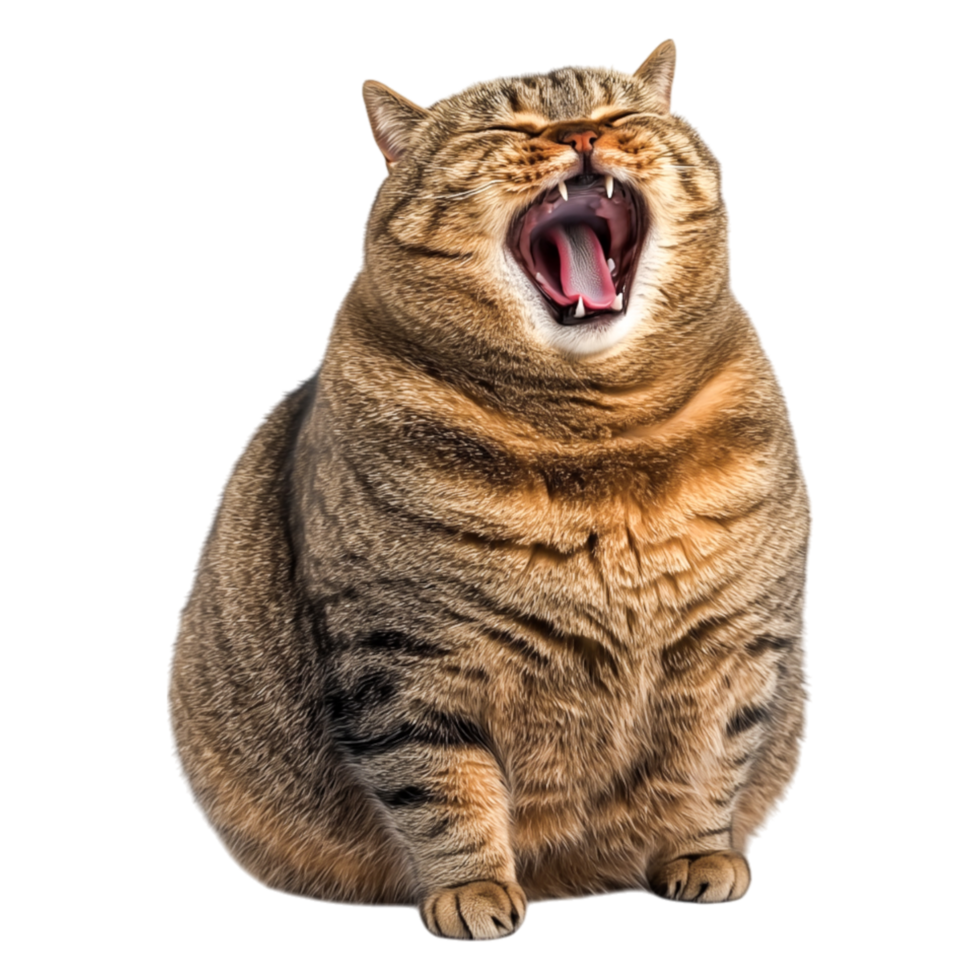 Exhausted Tabby Cat Yawning with Joyful Expression in Natural Light png