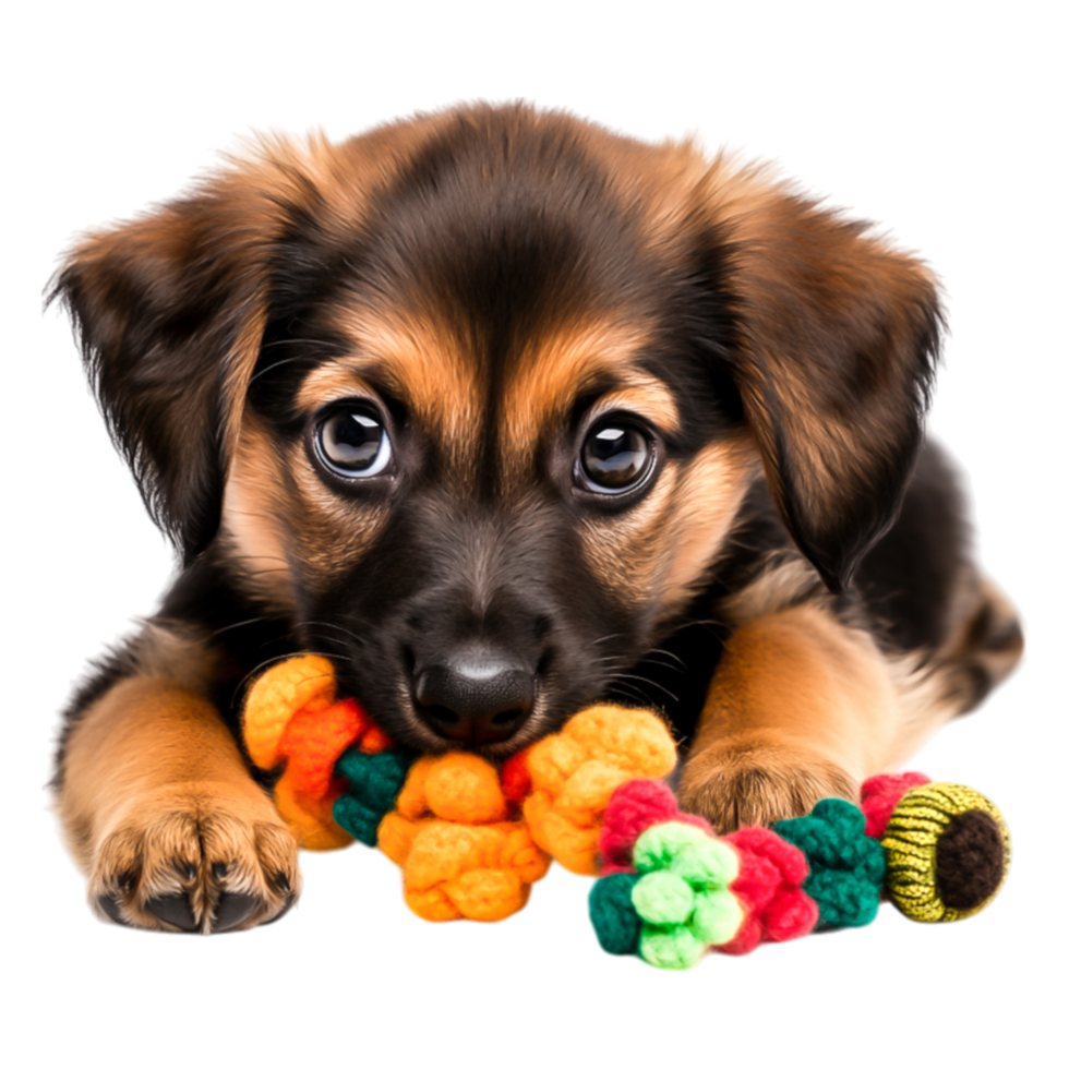 Cute and Playful Puppy Chewing on Colorful Toy in Bright Focused Shot png