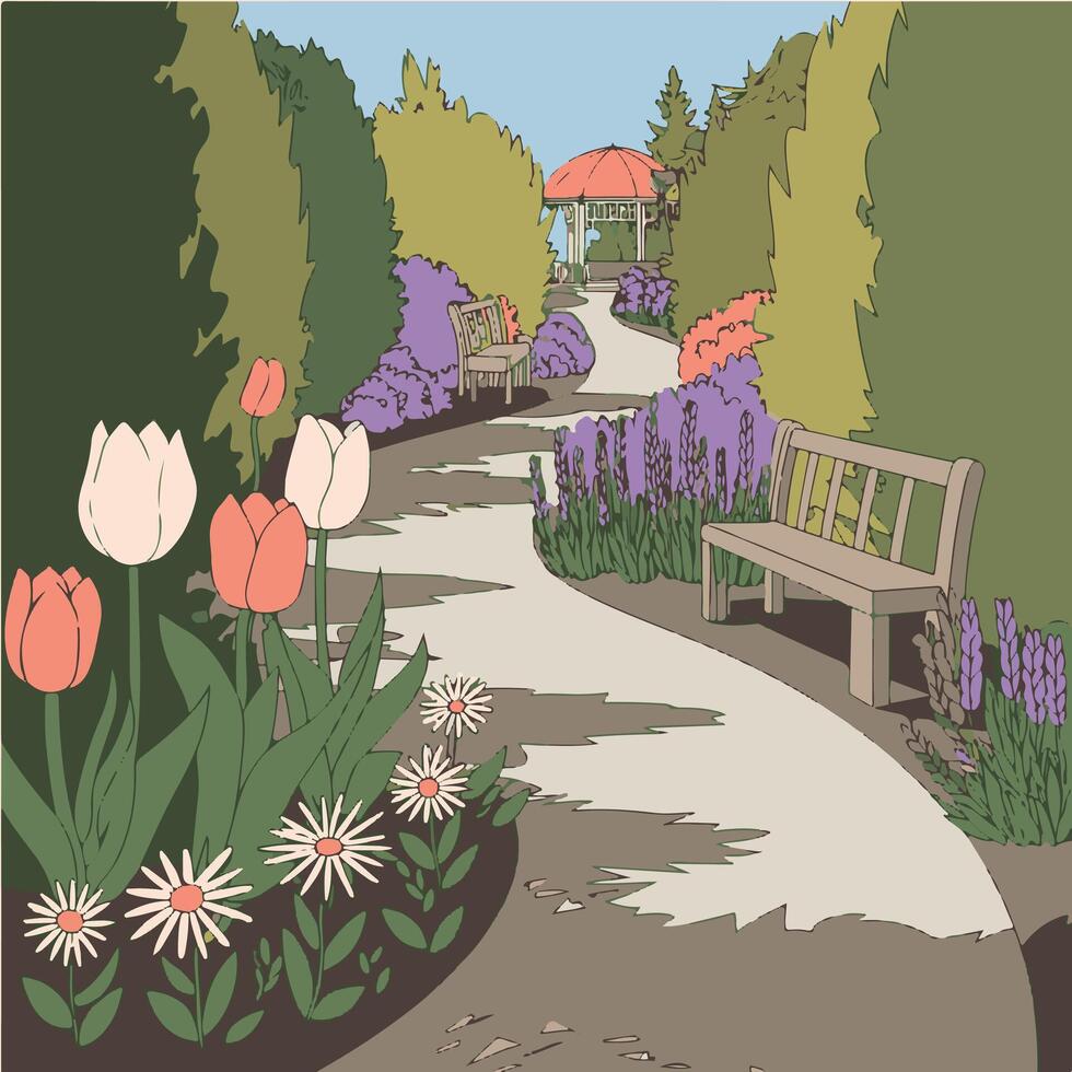 A cartoon illustration of a path through a garden vector
